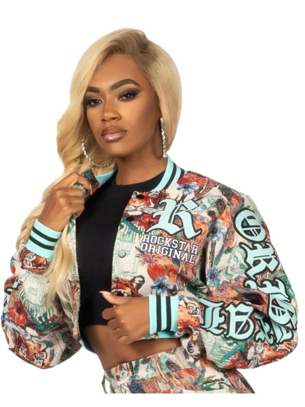 NWT Rockstar Original Rena Beige Crop Tapestry Varsity Jacket Multicolor  XS